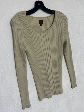 212 Collection Ribbed Scoop Neck Women's Sweater in Light Beige With Gold.